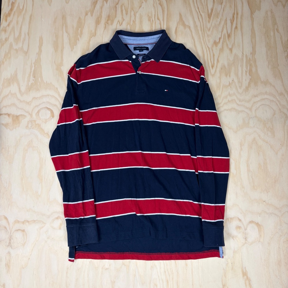 Tommy Hilfiger Mens XL Long Sleeve Polo Shirt Classic Fit Striped Navy Red White
